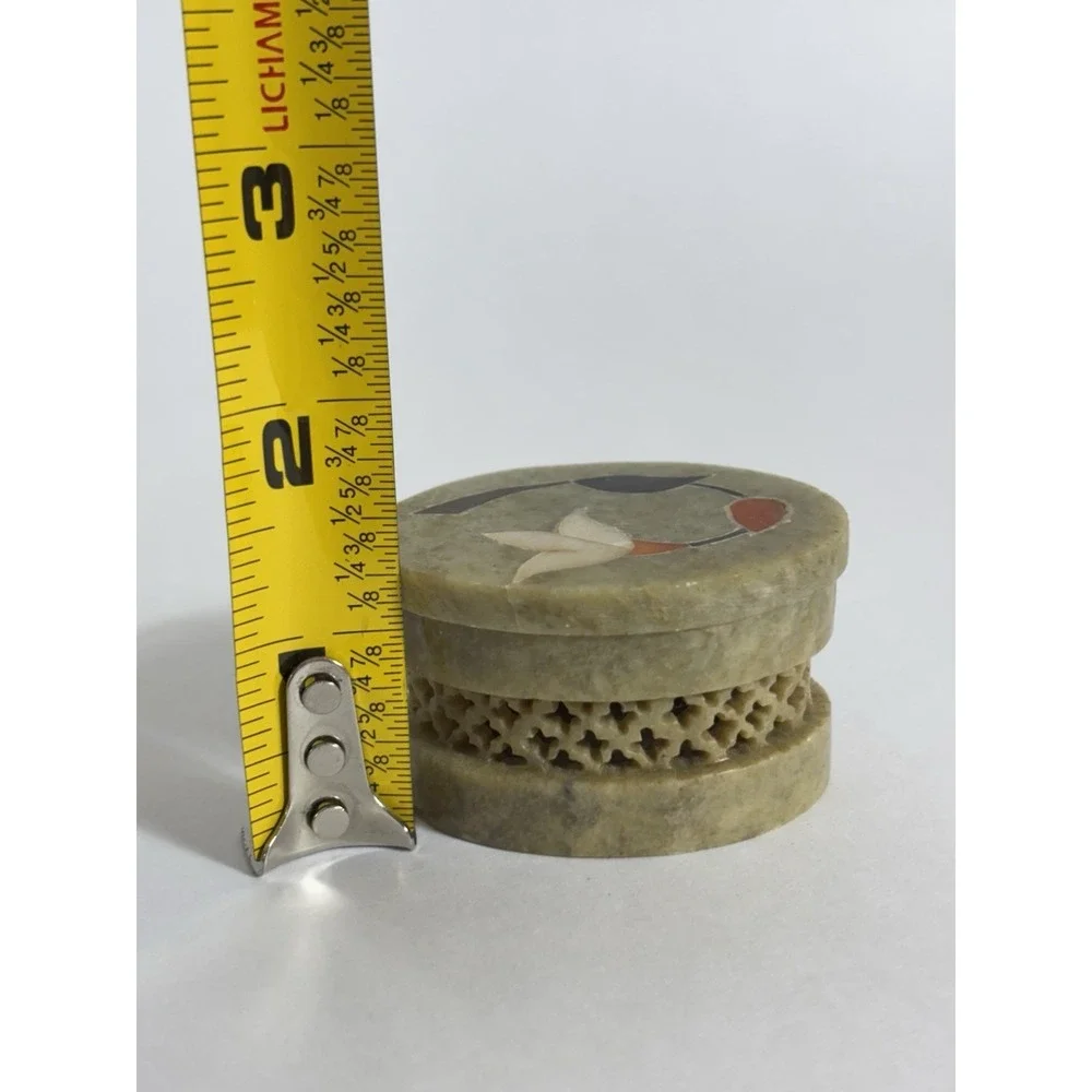 Trinket Box India Floral Mother Of Pearl Inlay Hand Carved Soap Stone Vintage